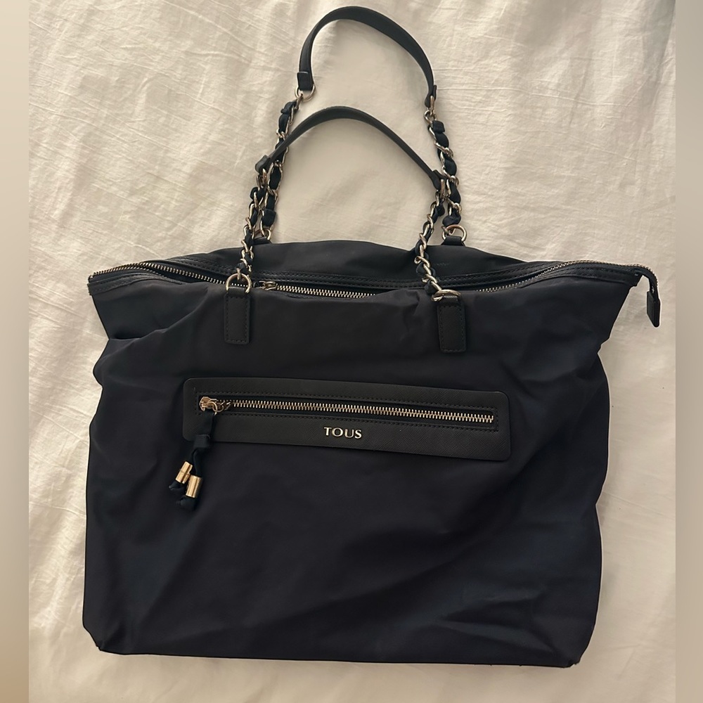 Tous Nylon Shoulder Tote Bag in Navy and Gold